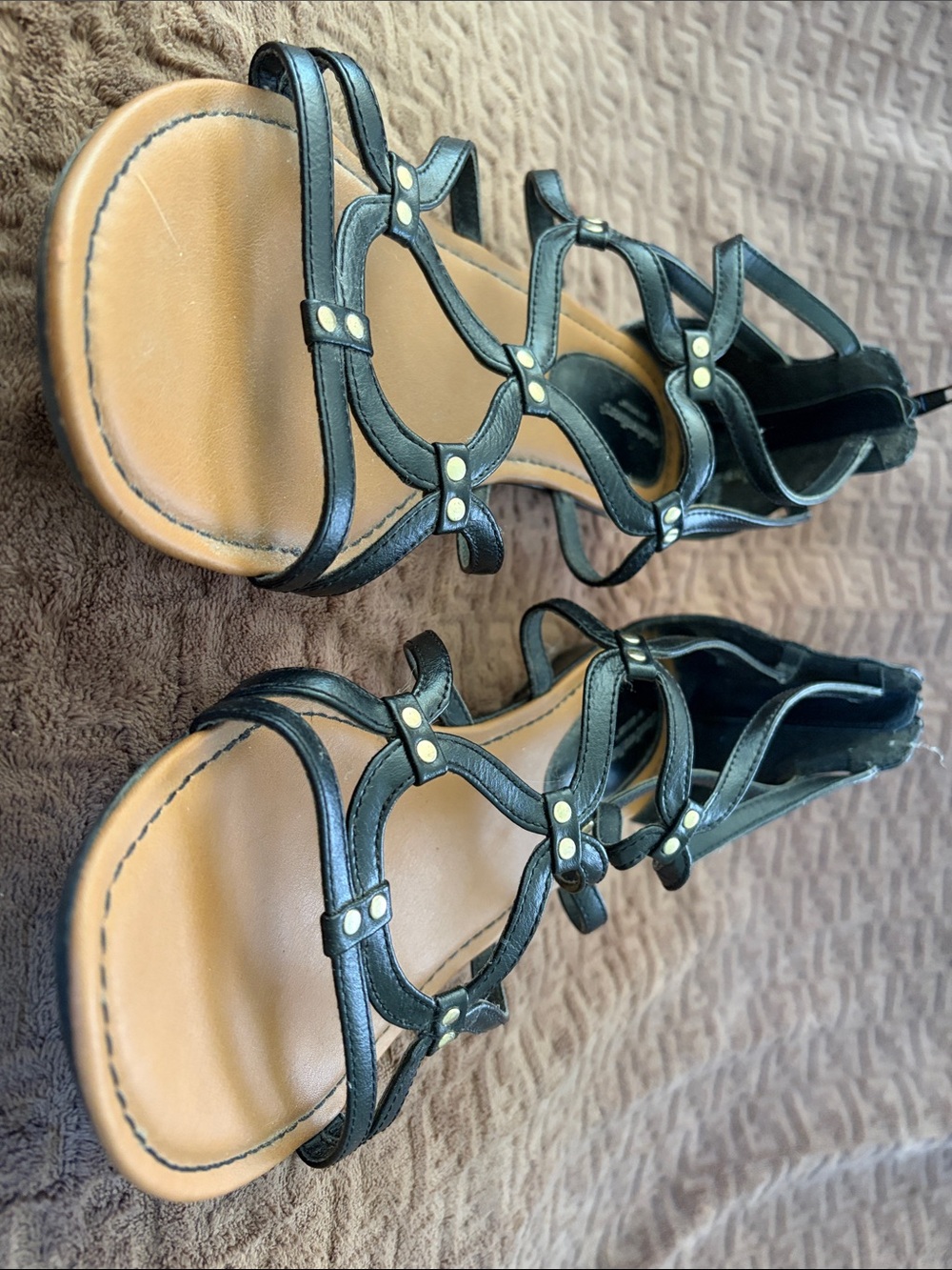 Avenue Black Strappy Sandals with Gold Studs
